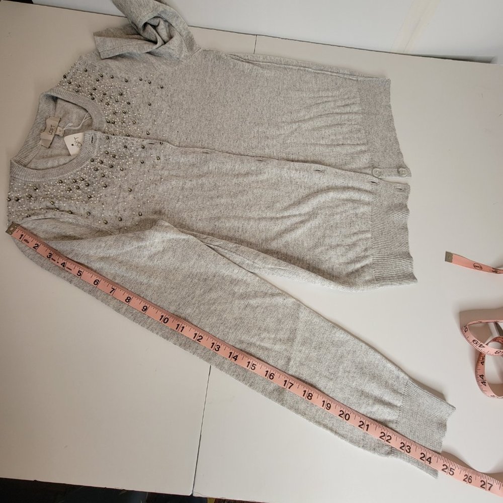 LOFT Women's Beaded Light Grey Long Sleeve Sweater Cardigan, Size L NWT - Picture 10 of 12